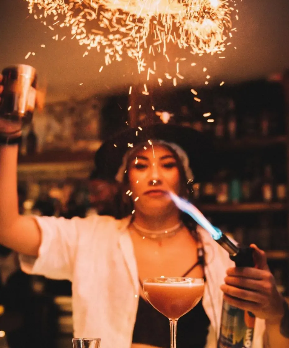 Woman, drink, party, flame